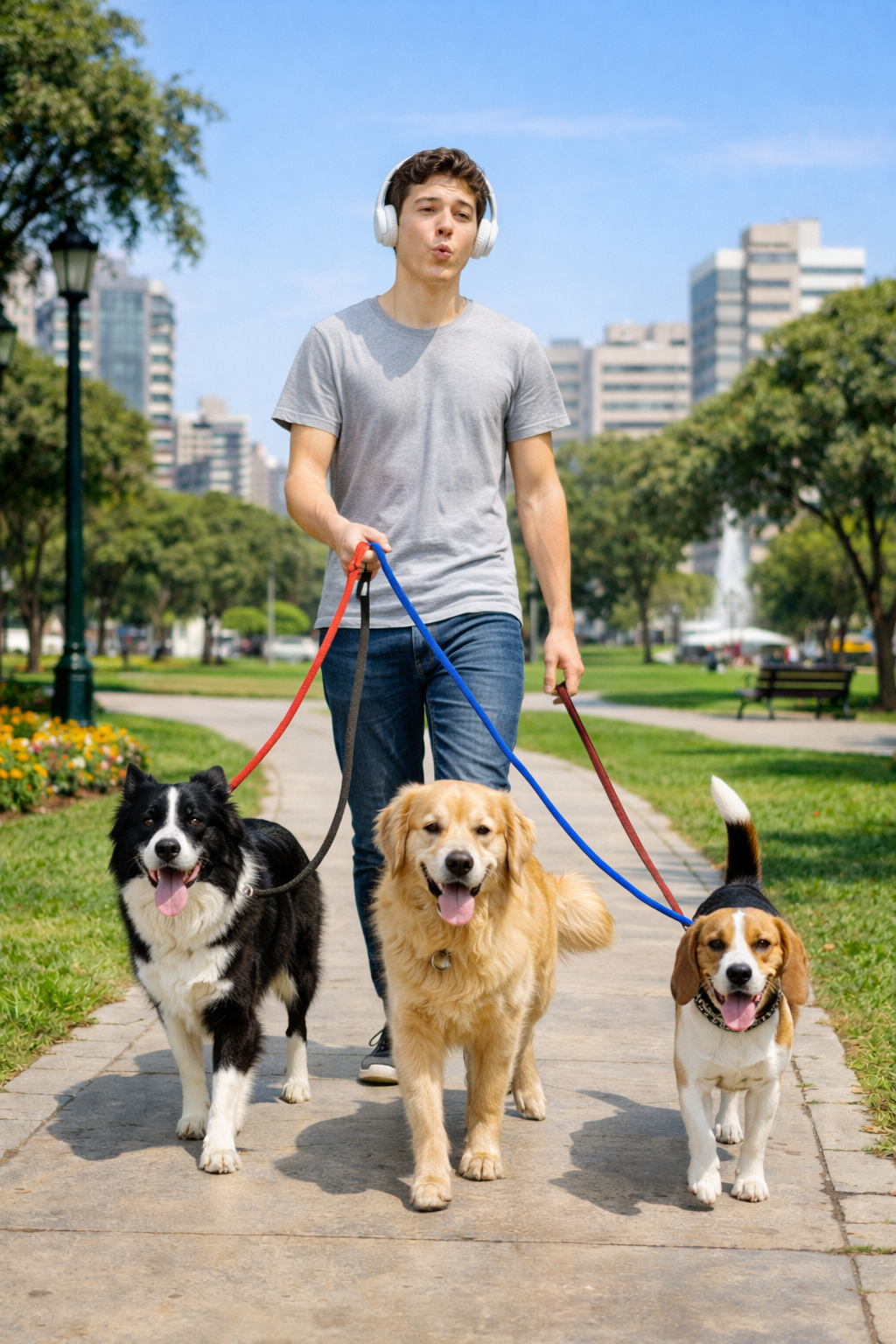 Joven paseando perros en el parque